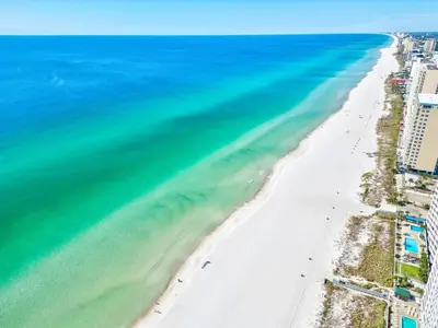 an aerial view of the beach and ocean at Long Beach Tower 3 #305 Beachfront Renovation in Panama City Beach