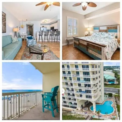 a collage of pictures of a hotel room and aominiumominium at Celadon 307 1 BR 2 BA Oceanfront condo in Panama City Beach