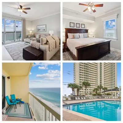 a collage of four pictures of a hotel room with a pool at Celadon 1506 Beachfront 1 BR 2 BA sleeps 6 in Panama City Beach