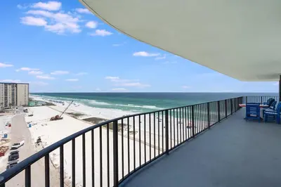 a balcony with a view of the beach and the ocean at Watercrest 901 2 BR 2 BA sleeps 8 Amazing balcony! in Panama City Beach