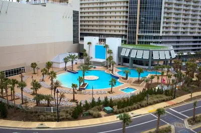 an overhead view of a pool in a city at Family-Friendly Laketown Wharf Retreat Near Pineapple Willy’s & Beach in Panama City Beach