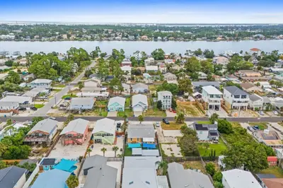 an aerial view of a small town by the water at Spacious Dog-Friendly Duplex w/ Bonus Game Room & Private Backyard Near Beach in Panama City Beach