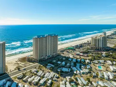 an aerial view of the beach and the ocean at Sunrise Beach 14th-Floor Gulf-Front Condo w/ Pools, Bunks & Balcony Views in Panama City Beach