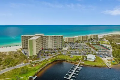 an aerial view of a resort near the beach at Stunning condo in Pinnacle Port, Panama City Beach in Panama City Beach