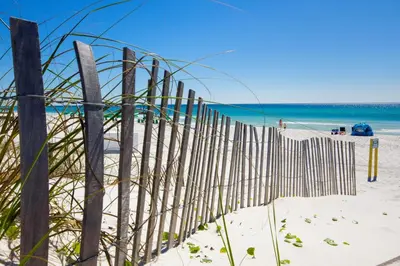 a fence on the beach with the ocean in the background at SeaRenity Awaits: 2-BD, 2-BA Coastal Escape! Perfect for 5! Pet Friendly! in Laguna Beach