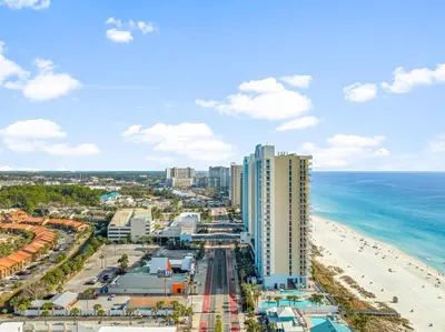 an aerial view of the beach and the ocean at Majestic Beach Resort Tower I by Panhandle Getaways in Panama City Beach