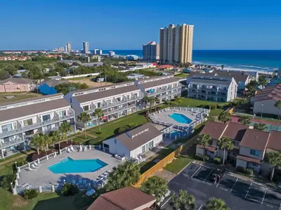 an aerial view of a city with buildings and the ocean at Portside Resort by Panhandle Getaways in Panama City Beach