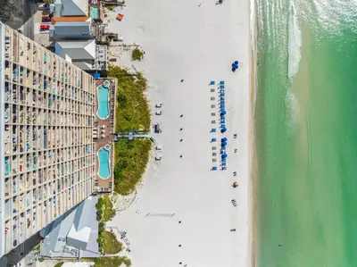 an overhead view of the beach and ocean at Seychelles Resort by Panhandle Getaways in Panama City Beach