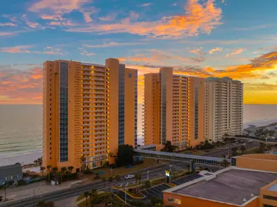 an aerial view of a city with the ocean at Splash Beach Resort by Panhandle Getaways in Panama City Beach