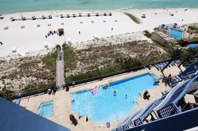 an overhead view of a beach and a swimming pool at Sterling Breeze by Panhandle Getaways in Panama City Beach