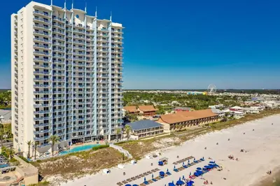 an aerial view of a large building on the beach at Sterling Breeze by Panhandle Getaways in Panama City Beach