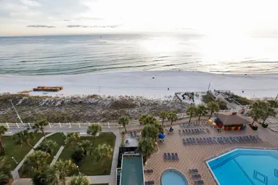 an aerial view of the beach and the ocean at The Summit by Panhandle Getaways in Panama City Beach