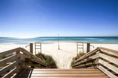 a stairway leading to a beach with the ocean at Tidewater Beach Resort by Panhandle Getaways in Panama City Beach