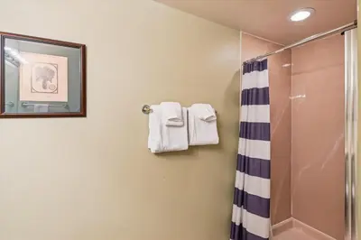 a bathroom with a shower and a shower curtain at Shores of Panama 2302 condo in Panama City Beach
