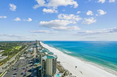 an aerial view of a beach and the ocean at Shores of Panama 2325 condo in Panama City Beach