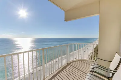 a balcony with a view of the ocean at Shores of Panama 1601 condo in Panama City Beach
