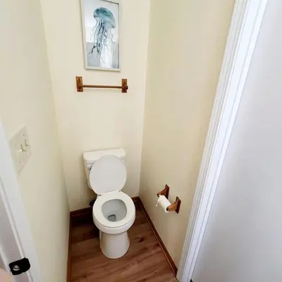 a bathroom with a toilet and a painting on the wall at Spacious 3BR Family Beach Home 5 Mins to Panama City Beach & Sleeps 9 Hot tub in Panama City Beach