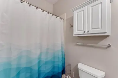 a bathroom with a shower curtain and a toilet at Inn at Seacrest 309- Somewhere in the Sun in Inlet Beach