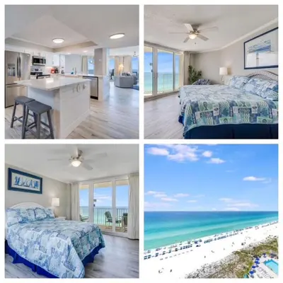 a collage of four pictures of a bedroom and a beach at Dunes of Panama 1506 in Panama City Beach
