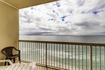 a balcony with a view of the beach at Seychelles 1406 Free Beach Chairs in Panama City Beach