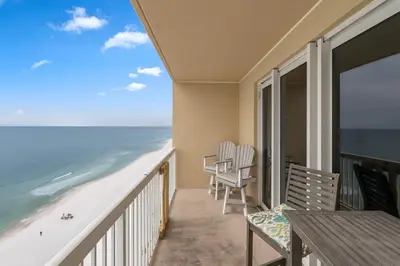 a balcony with a view of the ocean at Seychelles 1406 Free Beach Chairs in Panama City Beach