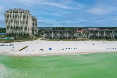 an aerial view of a beach with buildings at Edgewater Windward 508 - Newly Renovated Corner Condominium! in Panama City Beach