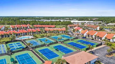 an overhead view of the tennis courts at the resort at Edgewater Beach View Villas #3304 in Panama City Beach