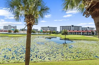 a pond with palm trees and a golf course at Edgewater Beach View Villas #3304 in Panama City Beach