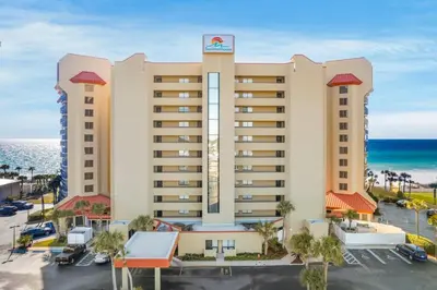 an aerial view of a hotel with the ocean at East-End PCB Condo with Gulf Views & Beach Access in Panama City Beach