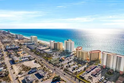 an aerial view of the beach and the ocean at East-End PCB Condo with Gulf Views & Beach Access in Panama City Beach