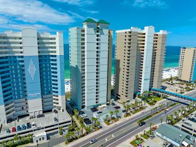 an aerial view of a city with tall buildings at Beachfront Bliss at Ocean Ritz! 3BR 3BA! Sleeps 10 by Dolce Vita Getaways PCB in Panama City Beach