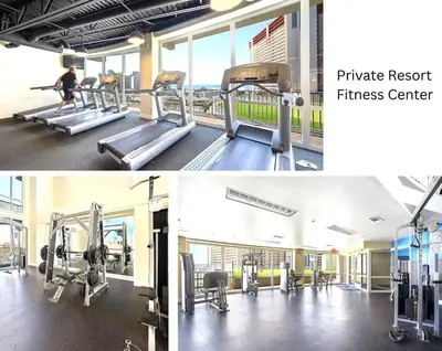 a collage of photos of a gym at BeachFrnt 2 Hottub 5 Pools Jet Ski in Panama City Beach