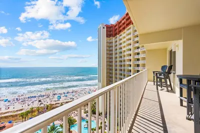 a balcony with a view of the beach at Spacious 2-Bedroom Condo Beachfront Resort! By Dolce Vita Getaways PCB! in Panama City Beach