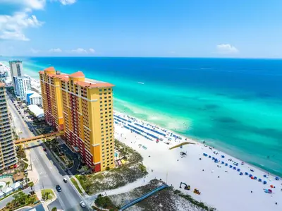 an aerial view of the beach and the ocean at Calypso Resort By Sand Seeker Vacations in Panama City Beach