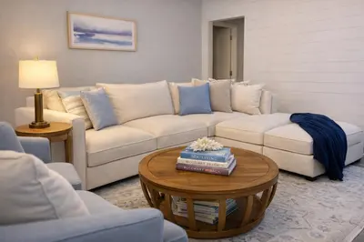 a living room with a couch and a coffee table at 30A Cottage Near the Beach with Golf Cart in Inlet Beach