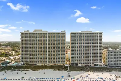 a view of two tall buildings and a beach at Majestic Beach Resort Tower 2 Unit 2207 in Panama City Beach