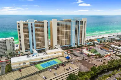 an aerial view of a city and the ocean at Majestic Beach Resort Tower 2 Unit 2207 in Panama City Beach
