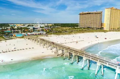 an aerial view of the beach and the pier at Condo w/beach, pools, tennis, shuffleboard, more! in Panama City Beach
