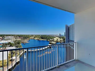 a balcony with a view of a river at Laketown Wharf #1137 in Panama City Beach