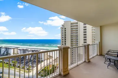 a balcony with a view of the ocean at Grand Panama 1005 - Tower Two - 2 bedroom - Large Deck with Gulf Views by Beach Haven Vacation Rentals in Panama City Beach