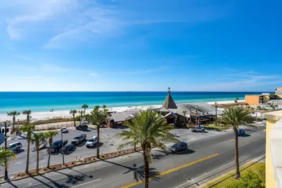 a view of a street with a church and the beach at Origin 1315 - Studio King - Super Cute Unit - City View by Beach Haven Vacation Rentals in Panama City Beach