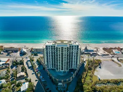 an aerial view of a hotel near the ocean at Origin 1116 - One Bedroom - Beautiful Gulf View by Beach Haven Vacation Rentals in Panama City Beach