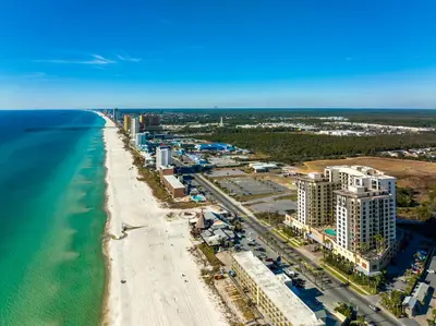 an aerial view of the beach and buildings at Origin 0833 - Studio King - Sunrise & Gulf View by Beach Haven Vacation Rentals in Panama City Beach