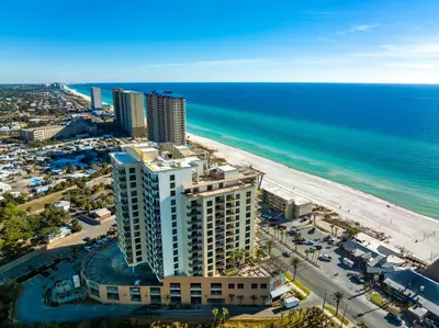 an aerial view of the beach and the ocean at Origin 0708 - One Bedroom - Pool and Gulf Views by Beach Haven Vacation Rentals in Panama City Beach