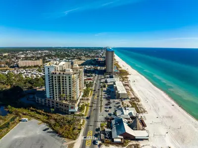 an aerial view of the beach and the ocean at Origin 0707 - One Bedroom - Stunning Sunset Views by Beach Haven Vacation Rentals in Panama City Beach