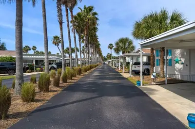 a street lined with palm trees next to a house at The Love Shack (2/2) in Panama City Beach