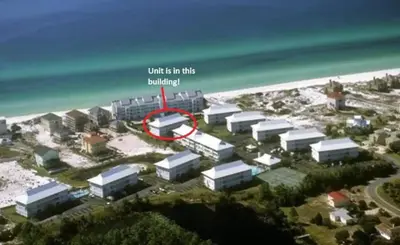 a view of a city with a red arrow saying units in this building at Beachside Villas 823 in Santa Rosa Beach