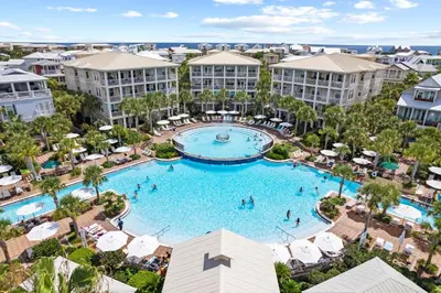 an aerial view of a pool at a resort at 69 E Trigger Trail by 30A Escapes in Rosemary Beach
