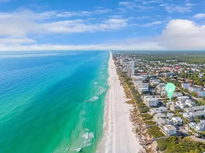 an aerial view of a beach and the ocean at Majestic View by Travel Life Vacations in Santa Rosa Beach