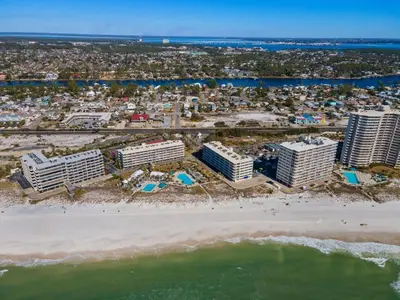 an aerial view of the beach and buildings at Dunes of Panama C605 in Panama City Beach
